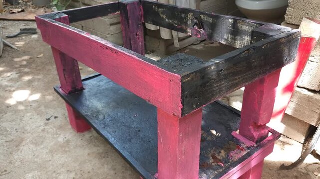 Restored Wooden Workbench Base Frame Painted in Black and Pink