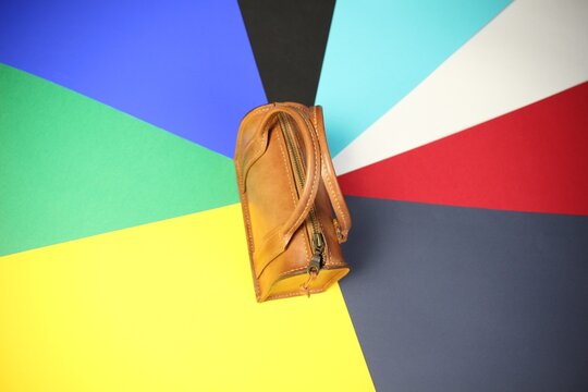 Leather bag on colorful background like idea of compliment colors in style and fashion