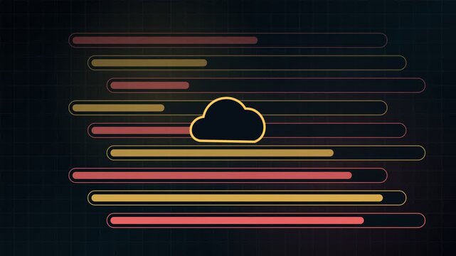 Animated infographic displaying a cloud computing icon moving across fluctuating data bars. Representing digital information processing. Network server connection. And secure data storage technology