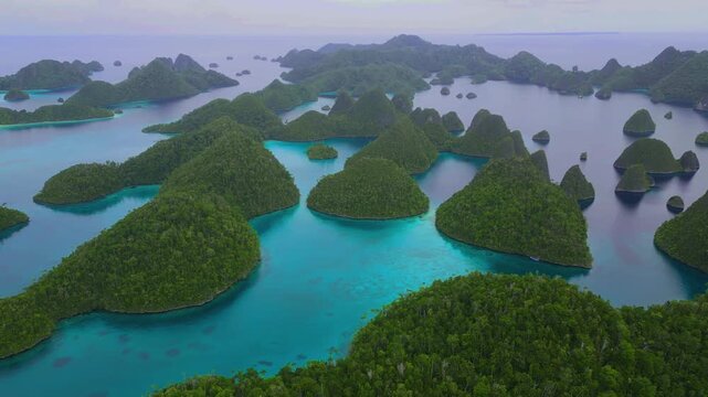 Aerial view of Wayag Island featuring lush green karst islets surrounded by clear turquoise waters in Waigeo Barat, Southwest Papua, Indonesia.