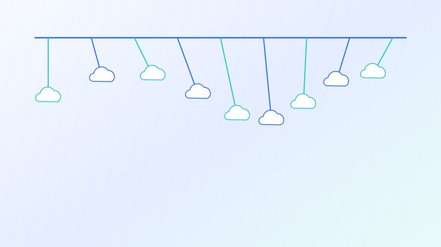 Stylized outlined clouds hanging from strings swing back and forth like pendulums, creating a synchronized and rhythmic wave motion against a soft blue and purple gradient background
