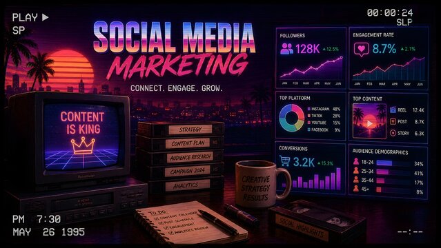 Retro synthwave social media marketing dashboard, vintage VHS aesthetic digital analytics interface, neon 80s style content strategy concept isolated on White Background