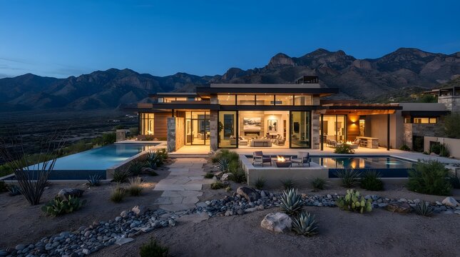 A luxury desert villa illuminated at twilight with a serene pool and dramatic mountain backdrop.