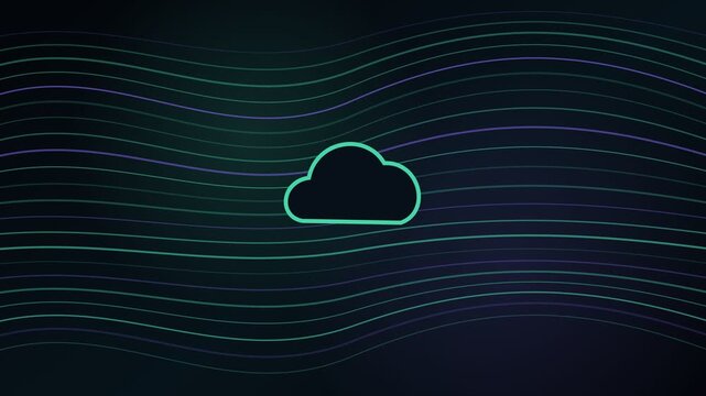 Digital cloud computing symbol floating over a dark background with flowing data streams, representing online storage, network services, information transfer, and modern internet technology