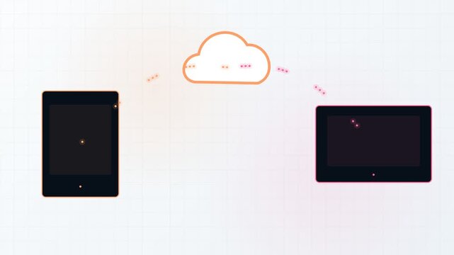 Animated illustration showing data uploading and downloading between a tablet and a monitor through a cloud storage server, representing digital information exchange and network connectivity