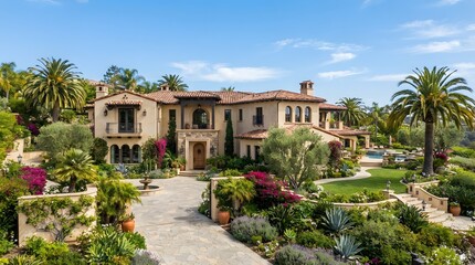 Fototapeta premium A beautiful luxury property with Spanish colonial architecture surrounded by lush tropical gardens.