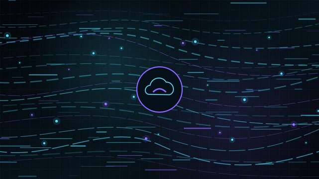 Glowing purple cloud computing icon floating on a dark background with animated cyan and purple data streams, representing information transfer, online storage, and networking technology