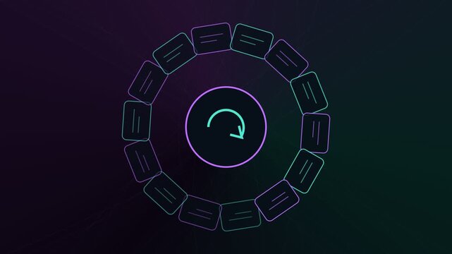 Abstract futuristic user interface featuring a spinning circular loading icon and rotating data blocks on a dark background with subtle grid lines. Creating a sense of digital processing and transfer