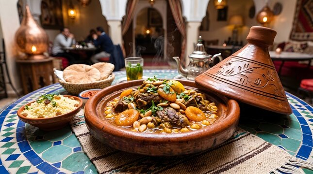 A delicious traditional Moroccan lamb tagine cooked with apricots, almonds, and spices, served on a colorful mosaic tile table in a cozy restaurant.