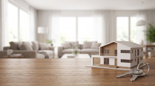 3D Modern House Model and Silver Keys Blurred Living Room