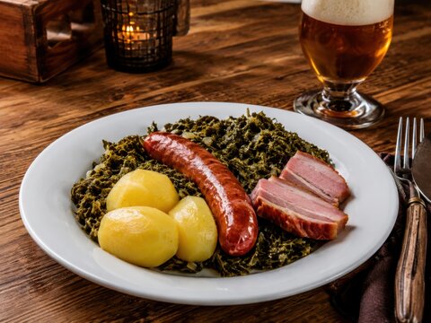 Gr&uuml;nkohl mit Pinkel im deutschen Restaurant: Norddeutscher Winterklassiker mit w&uuml;rziger Gr&uuml;tzwurst, Kasseler und Salzkartoffeln, rustikal mit Bier serviert.