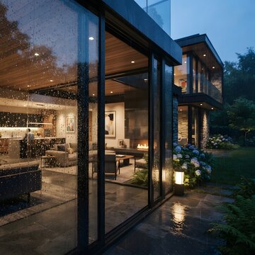 Close up of rain water beads on a glass window of a luxury villa during a dark evening storm.