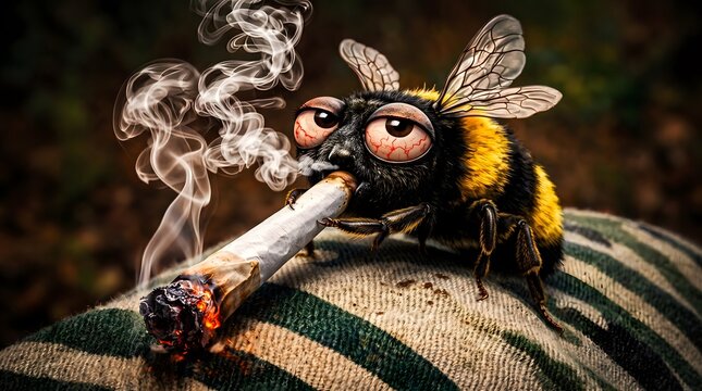 Anthropomorphic bee smoking joint on fabric surface with depicts realistic bumblebee striped fabric with marijuana