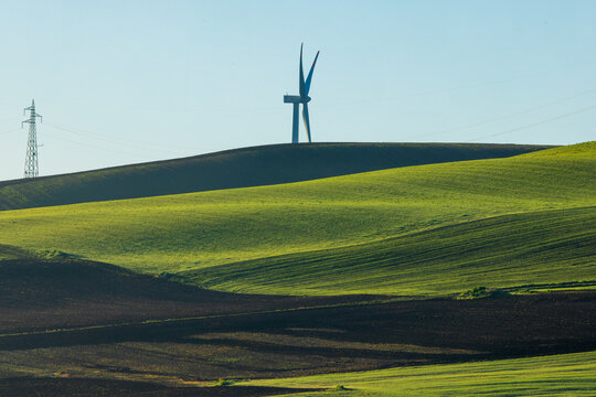 View of a wind turbine standing on a rolling green hill with a power transmission pylon in the background under a clear sky in Taccone, Basilicata, Italy.