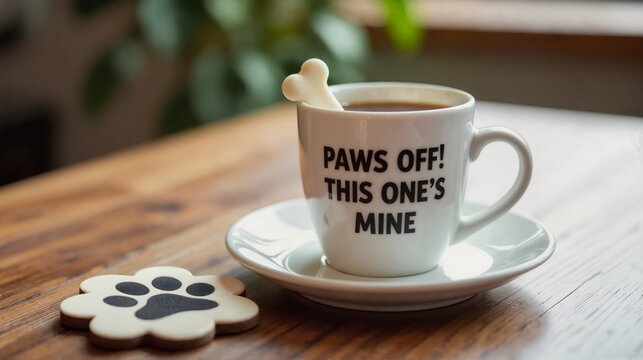 White coffee cup with Paws Off This One's Mine text and bone shaped treat. Paw shaped cookie on wooden table