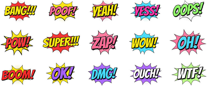 Comic speech bubbles set with popular exclamations like bang poof yeah yess oops pow super zap wow oh boom ok dmg ouch wtf.