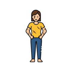 Confident woman in yellow shirt and blue jeans standing.