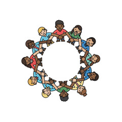 Diverse children holding hands in a circle illustration.