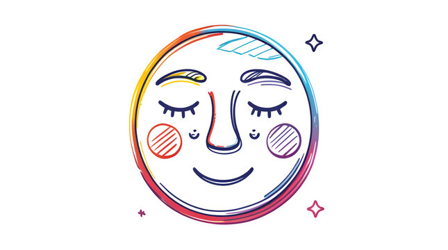 Peaceful colorful moon face emoji with closed eyes, isolated on transparent background