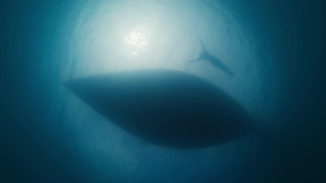 Woman swims nearby the sailing boat as seen from the bottom of the ocean