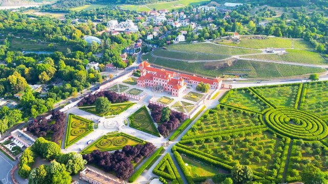 Aerial view of Troja Palace with its ornate baroque gardens and hedge maze in Prague, Prague, Czechia.