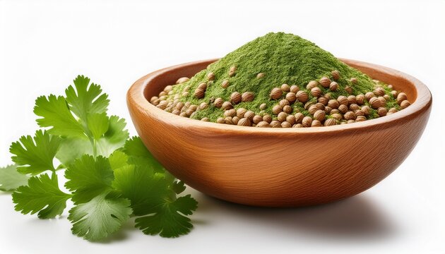 Coriander Coriander Leaf In A Wooden Bowl Isolated On White Bac