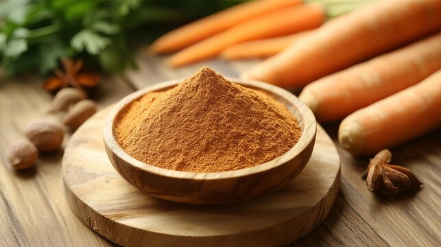 Carrot powder and fresh carrots arranged on a wooden surface, showcasing natural ingredients and vibrant color