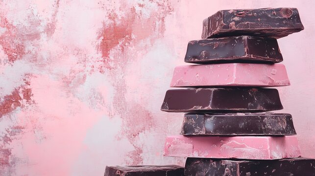 Stacked dark and pink chocolate pieces form a precarious tower against a textured pink and brown background