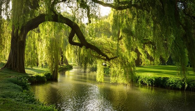 Weeping Willow Trees With Drooping Branches And Lush Green Foliage
