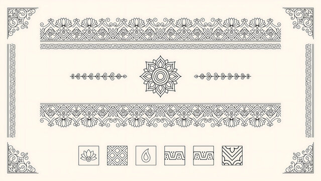 Decorative indian borders and mandala with floral motifs isolated on a transparent background