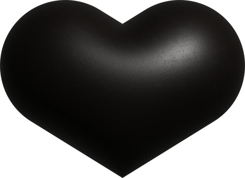 Isolated black 3D heart; rendering of a black heart with a highlight, featuring a latex or leather texture.