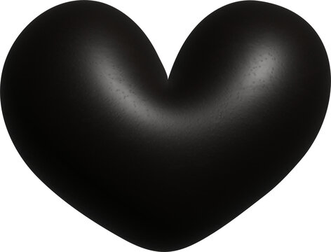 Isolated black 3D heart; rendering of a black heart with a highlight, featuring a latex or leather texture.
