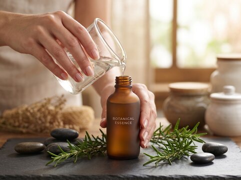 Moody commercial shot of hands refilling frosted amber glass dispenser on dark slate with rosemary and river stones