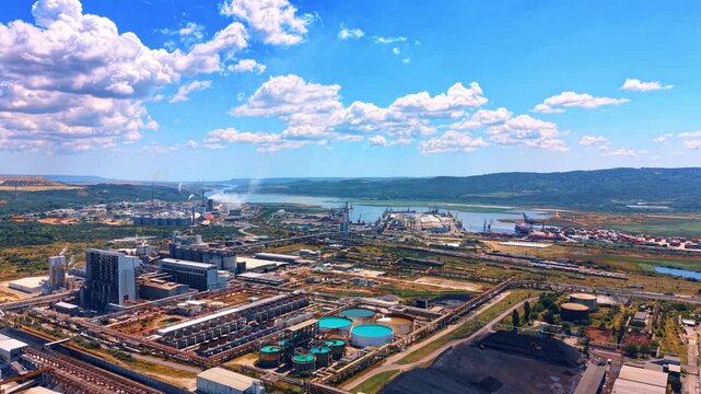 Panoramic aerial view of chemical plant under blue sky. High perspective shows industrial complex, circular water reservoirs, clouds, distant hills, bay.