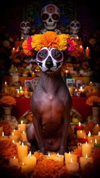 xoloitzcuintle, xolo, perro xolo, perro sin pelo mexicano, xoloitzcuintle mexicano, D&iacute;a de los Muertos, d&iacute;a de muertos, calavera mexicana, maquillaje de calavera, sugar skull, catrina canina, perro ce