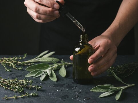 Moody close-up of hands pouring botanical serum into dark olive green glass bottle with wet slate and sage