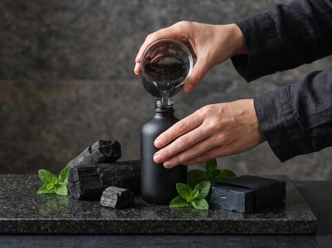 Premium dark styling with hands refilling matte black bottle with charcoal gel, raw charcoal and mint