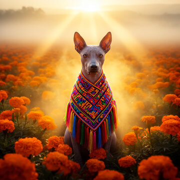 xoloitzcuintle, xolo, perro xolo, perro sin pelo mexicano, xoloitzcuintle mexicano, perro mexicano, D&iacute;a de los Muertos, d&iacute;a de muertos, cempas&uacute;chil, campo de cempas&uacute;chil, flores de cempas&uacute;chil, marigo