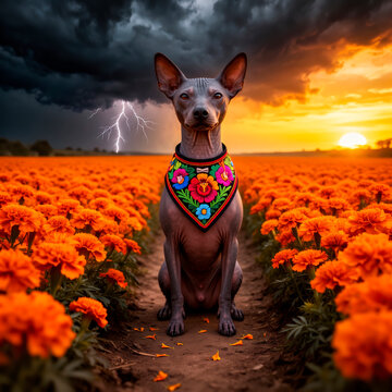 xoloitzcuintle, xolo, perro xolo, perro sin pelo mexicano, xoloitzcuintle mexicano, perro mexicano, D&iacute;a de los Muertos, d&iacute;a de muertos, cempas&uacute;chil, campo de cempas&uacute;chil, flores de cempas&uacute;chil, marigo