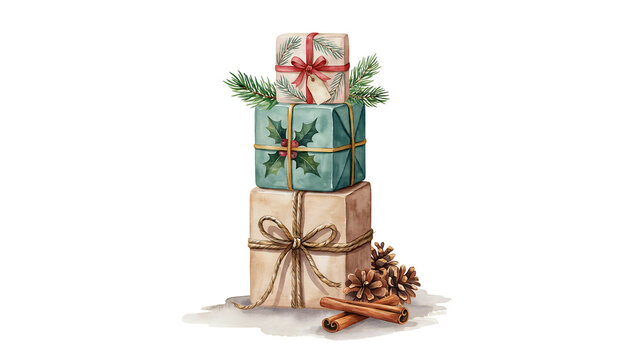 Stack of hand painted watercolor christmas gift boxes with pine isolated on a transparent background