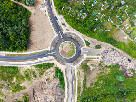 Aerial view of the newly constructed Janis Cakste Avenue roundabout, a key infrastructure project connecting the Southern Bridge corridor with the Jelgava Highway in Riga, Latvia.