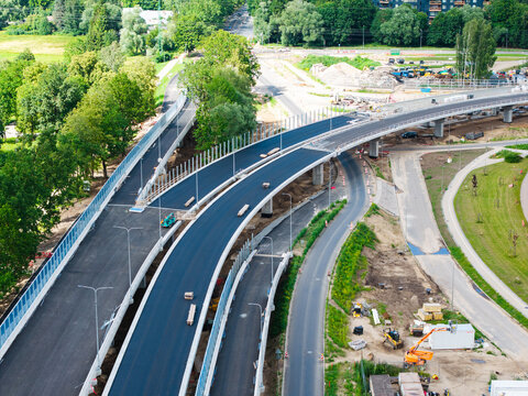 Aerial view of Janis Cakste Avenue, a major arterial road forming part of the Southern Bridge transport corridor and connecting to the Jelgava Highway in Riga, Latvia.