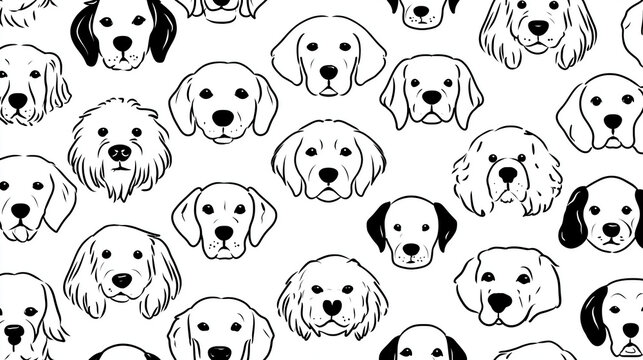 Dog faces pattern black and white design with cartoon style