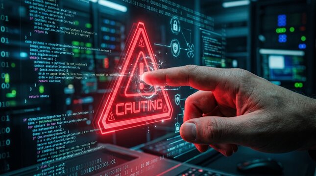 Data cybersecurity warning alert with ai monitoring system showing file risk detection and cyber threat notification for data protection system control and information security technology