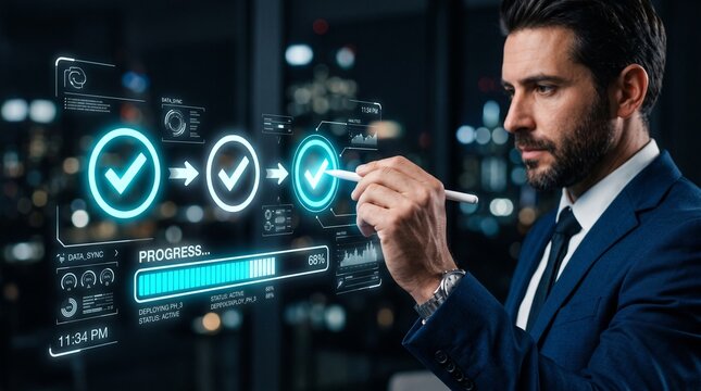 progress tracking workflow checklist with task completion steps and digital interface using stylus on business dashboard for productivity improvement time management and efficient process optimization
