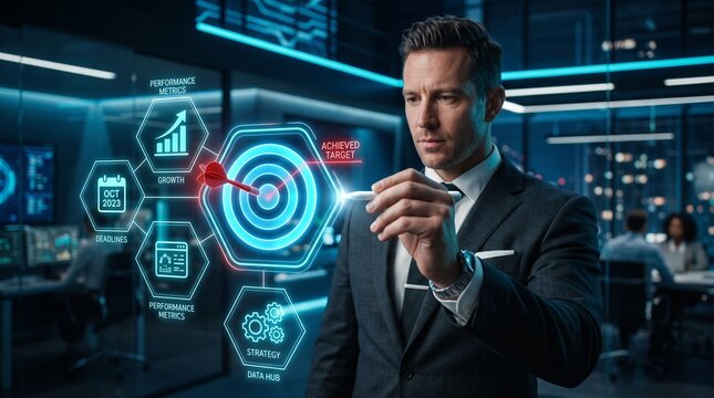 Goal setting and strategic focus using digital interface. businessman selecting target icon and strategy dashboard. strategic planning, performance tracking and digital business management for success