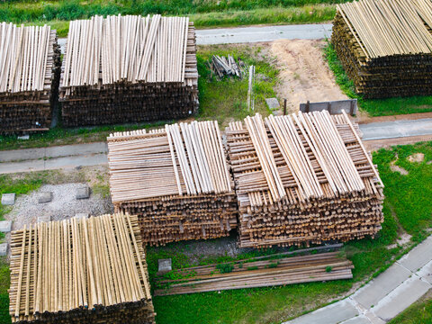 Aerial view of large stacks of timber logs stored in an industrial yard, highlighting sustainable forestry and mass timber resources in Brankas, Jelgava Municipality, Latvia.
