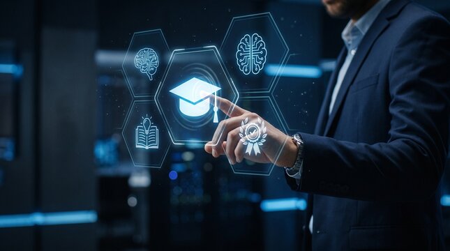 Digital certification and online learning powered by ai education technology, professional accessing secure elearning platform for accredited course assessment and verified credential development