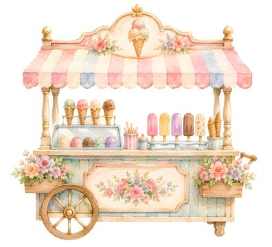 A cart with ice cream sits at a summer fair. It has various ice cream cones and popsicles. The cart is decorated with flowers and a striped awning. Children gather around excitedly
