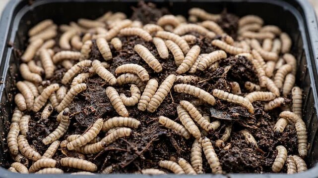 Black soldier fly larvae feeding in compost on an insect protein farm